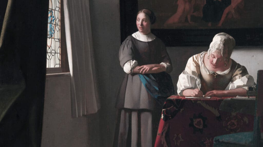 Writing woman a letter, with her maid
*oil on canvas
*72,2 x 59,7 cm 
*signed c.r.:  IVMeer
*1670 - 1671