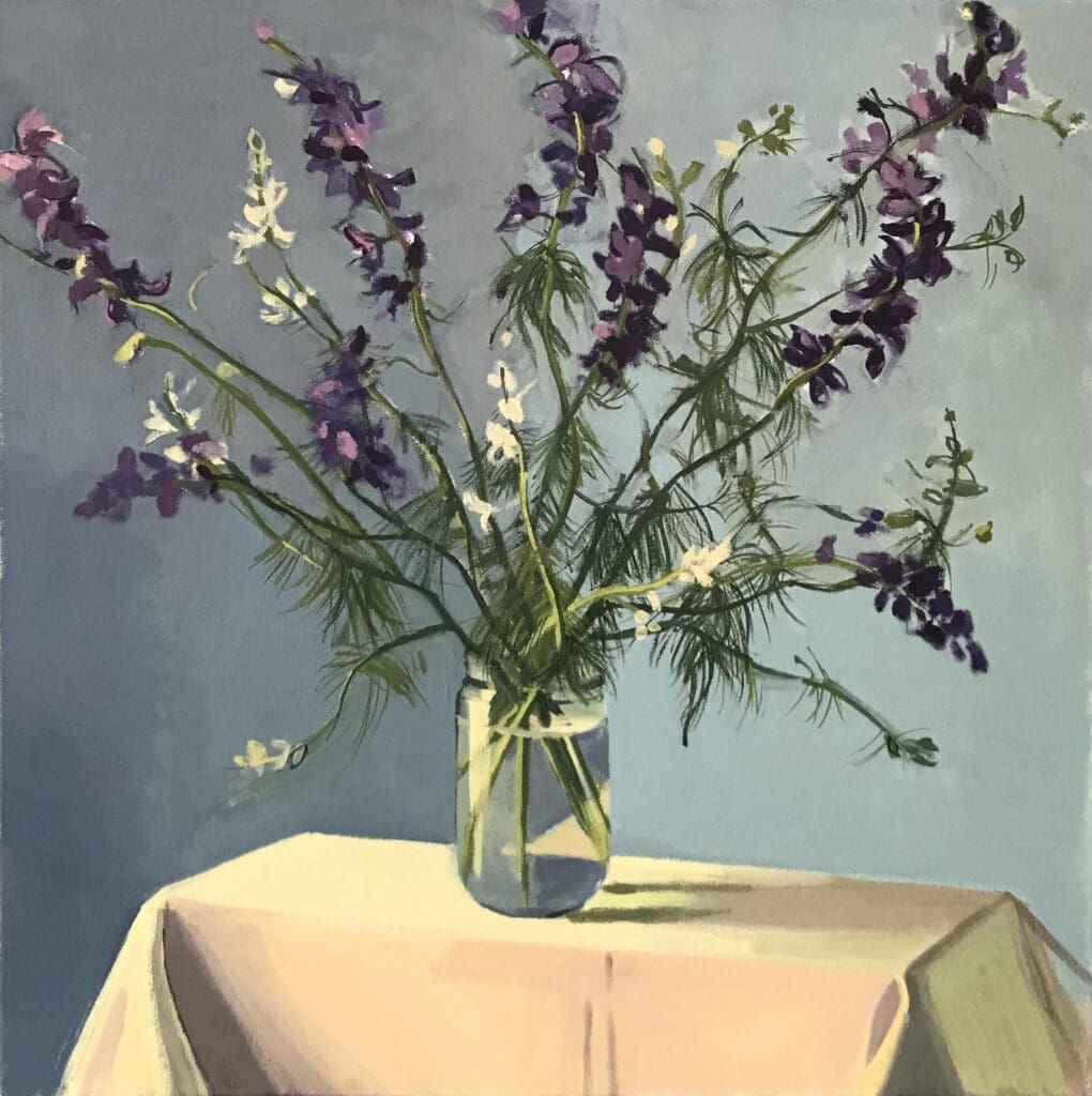 Mother’s Larkspur, Pamela Hoss, oil on canvas, 20”x20”, 2024 Mother’s Larkspur, Pamela Hoss, oil on canvas, 20”x20”, 2024